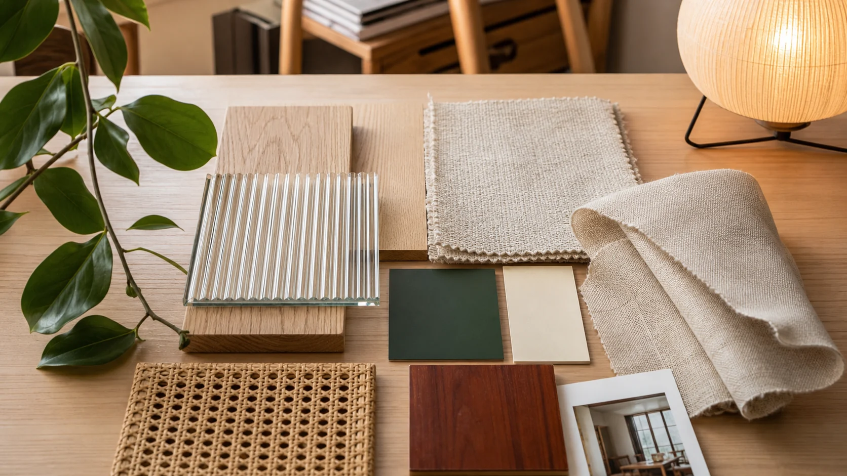 Moodboard phong cách nội thất thịnh hành 2026 với gỗ sáng, kính sọc, vải thô và bảng màu ấm