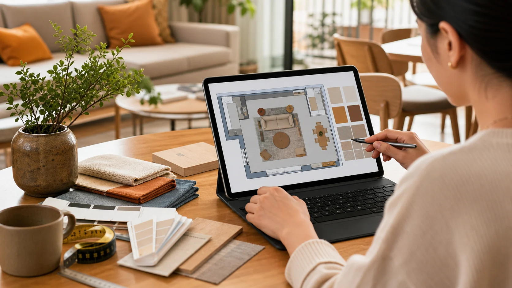 Thử layout phòng khách căn hộ trên tablet với sofa, bàn trà, lối đi và bảng màu nội thất 2026