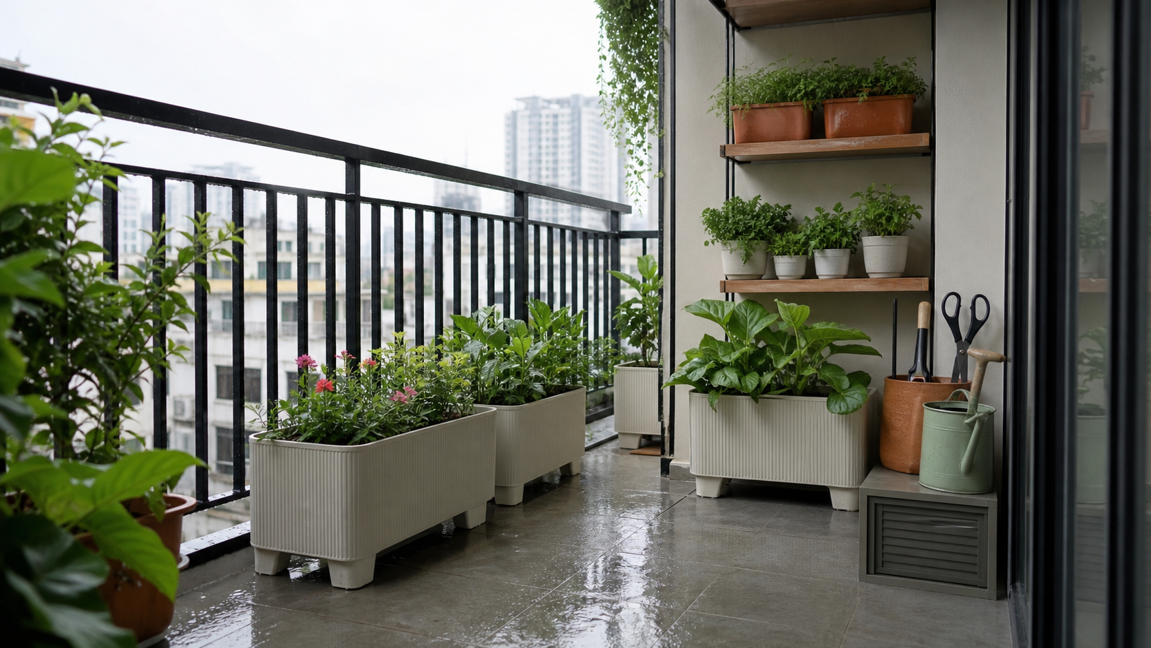 Cây ban công mùa mưa được kê cao để thoát nước ở gốc
