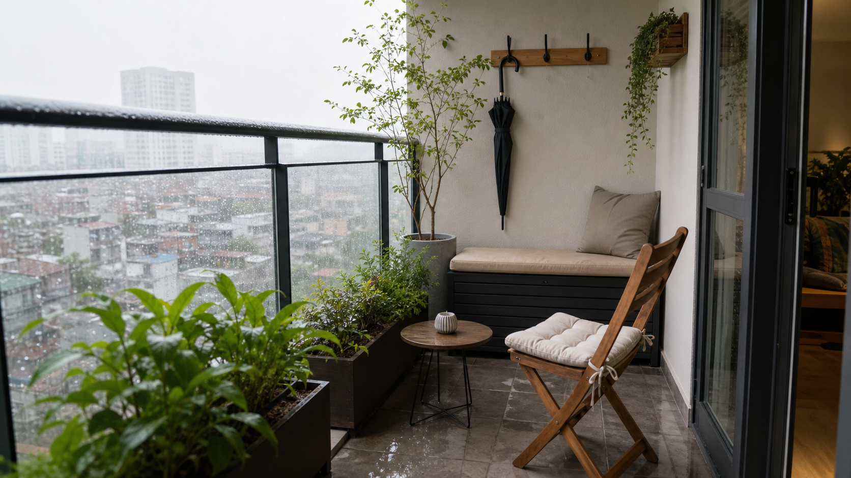 Đồ ngoài trời gấp gọn cho ban công căn hộ nhỏ trong mùa mưa