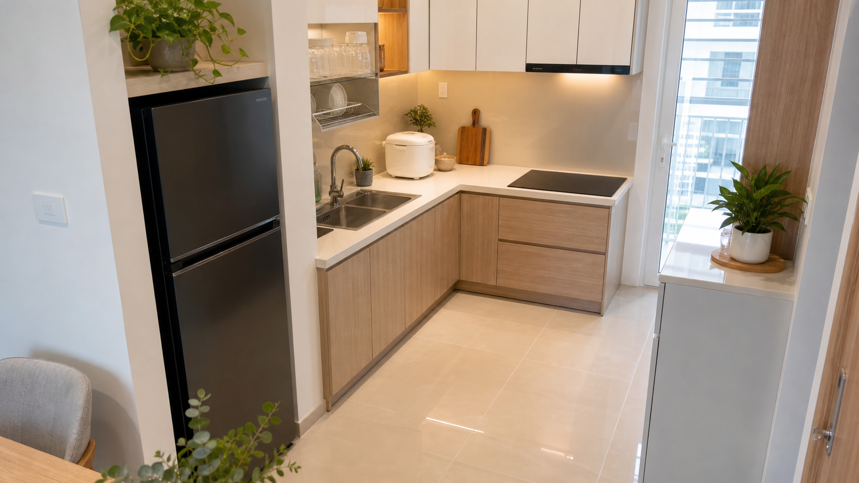 Bếp chung cư nhỏ với tủ lạnh, chậu rửa, bếp từ và lối đi thao tác rõ
