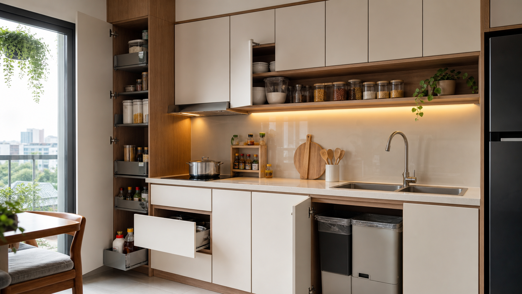 Tủ bếp chung cư nhỏ có tủ cao kịch trần, ngăn kéo và khoang rác dưới chậu rửa