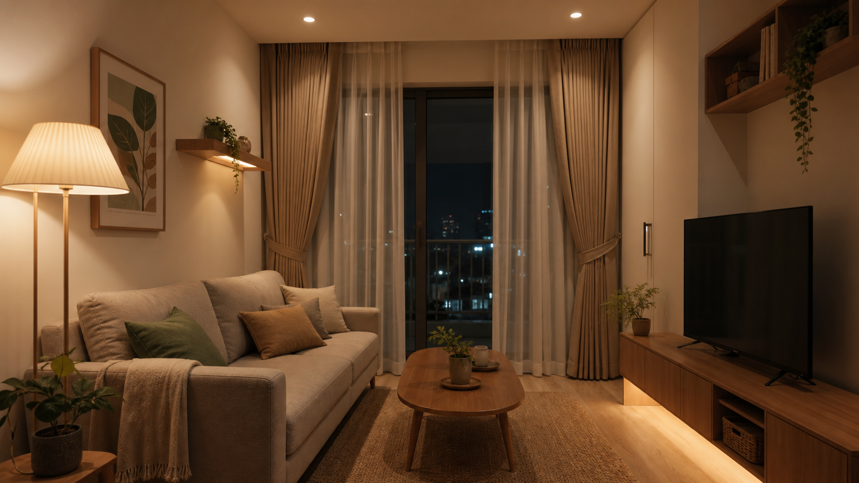 Phòng khách nhỏ dùng ánh sáng ấm nhiều lớp vào buổi tối