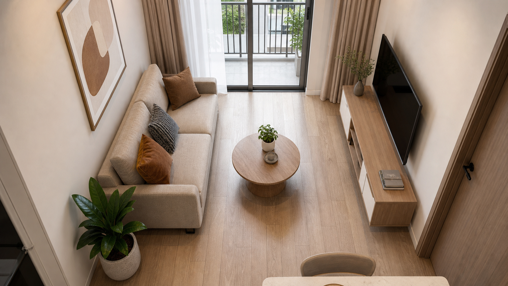 Bố trí phòng khách nhỏ với lối đi rõ giữa sofa, bàn trà và kệ tivi
