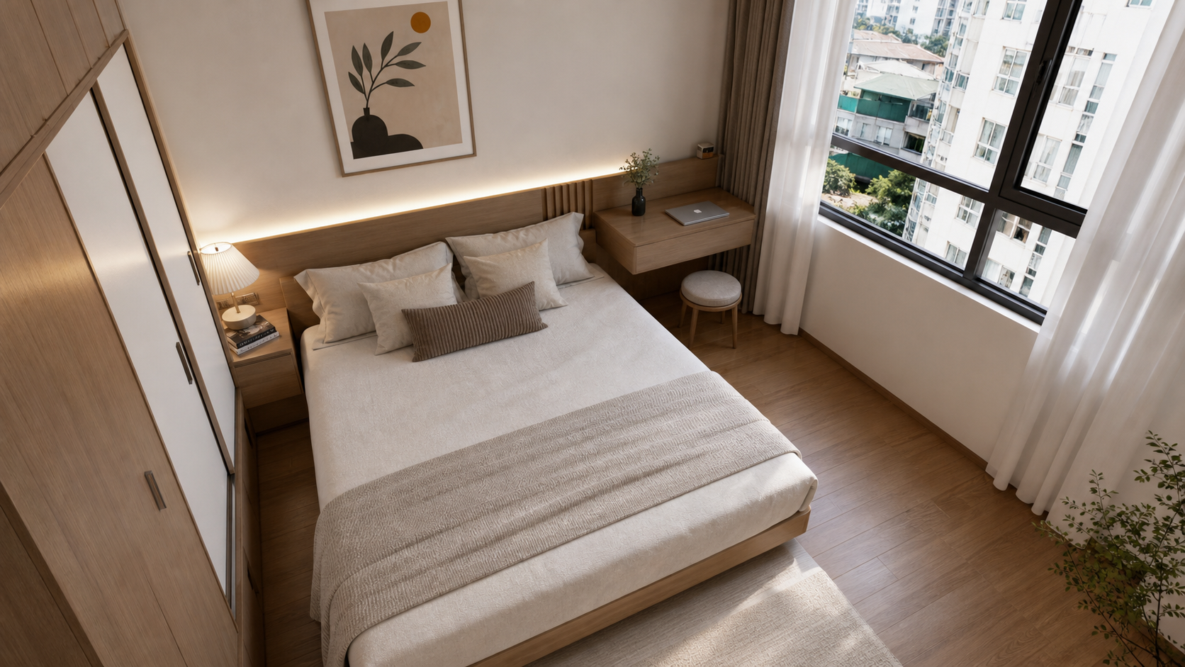 Phòng ngủ nhỏ 12m2 với lối đi cạnh giường, tủ cửa lùa và bàn cạnh cửa sổ