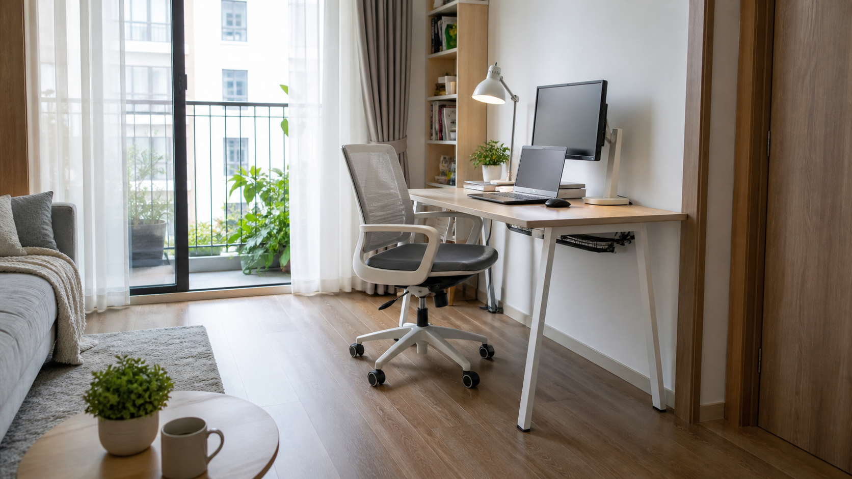 Góc làm việc nhỏ trong căn hộ Việt Nam đặt gần cửa sổ nhưng vẫn chừa lối đi