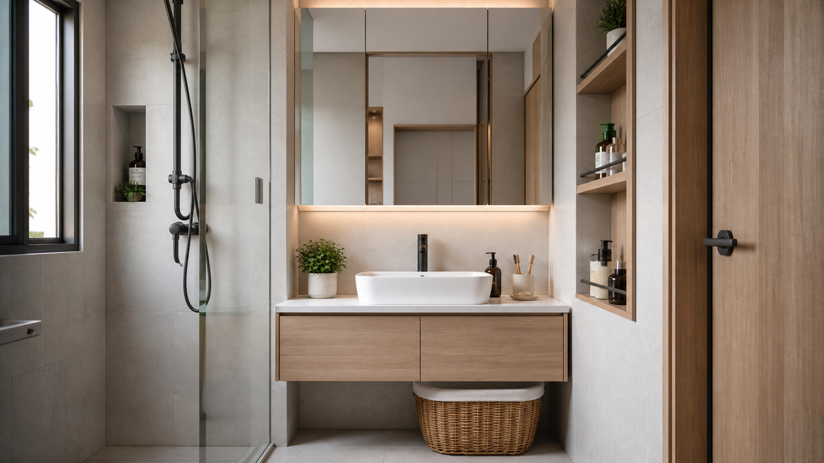 Tủ gương và tủ lavabo treo tường giúp lưu trữ gọn trong phòng tắm nhỏ