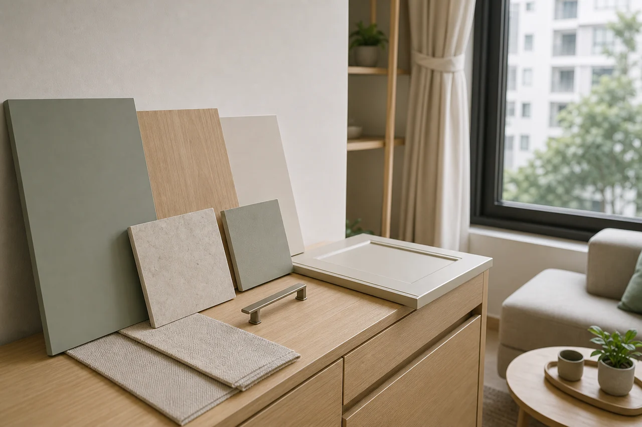 Các bề mặt gỗ, gạch, vải và kim loại được đặt trong ánh sáng tự nhiên để so màu, vân và độ bóng thực tế.