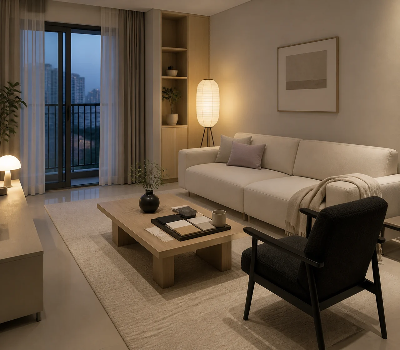 Kết quả mô phỏng phòng khách Hàn tối giản với sofa thấp, rèm sáng và gỗ nhạt