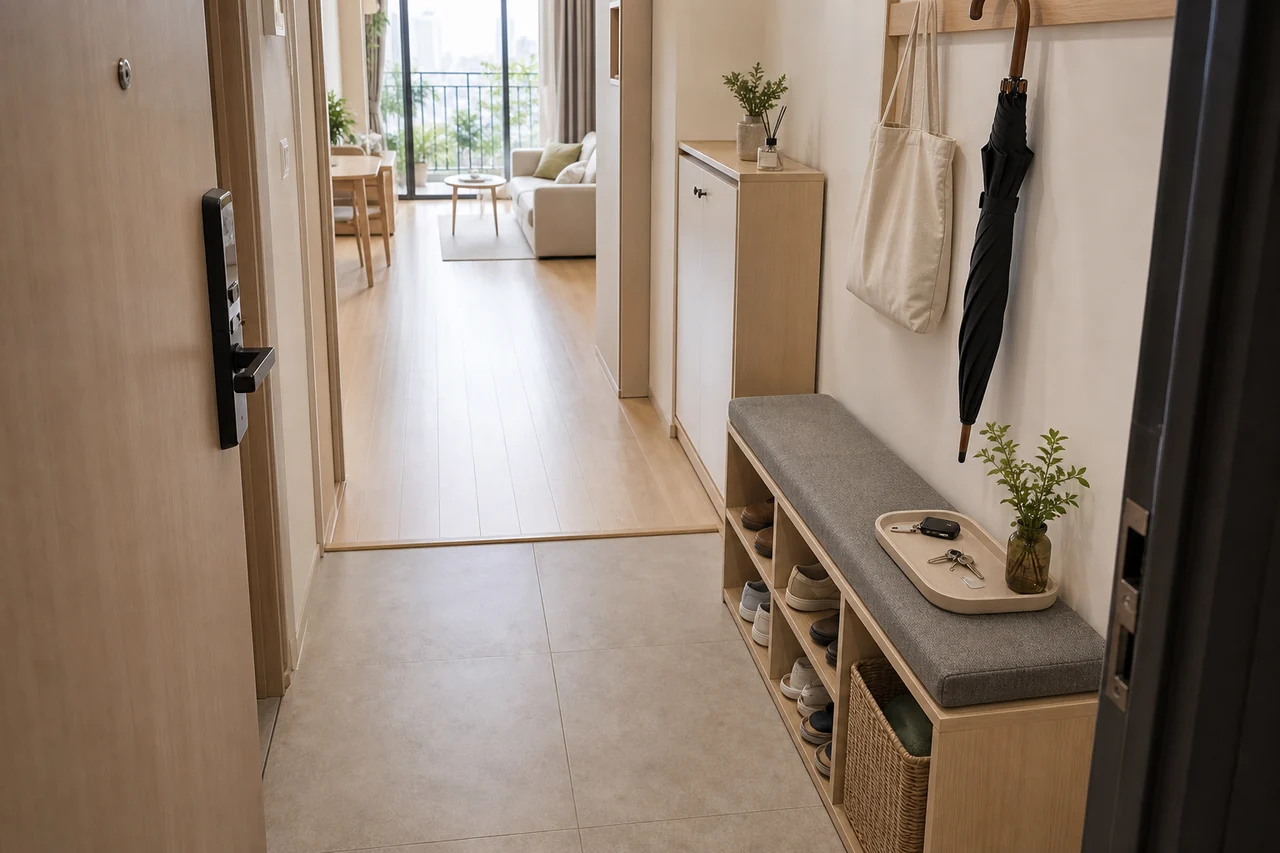 Góc cửa vào căn hộ với ghế ngồi nhỏ, kệ giày nông và lối đi thông thoáng dẫn vào không gian chính.