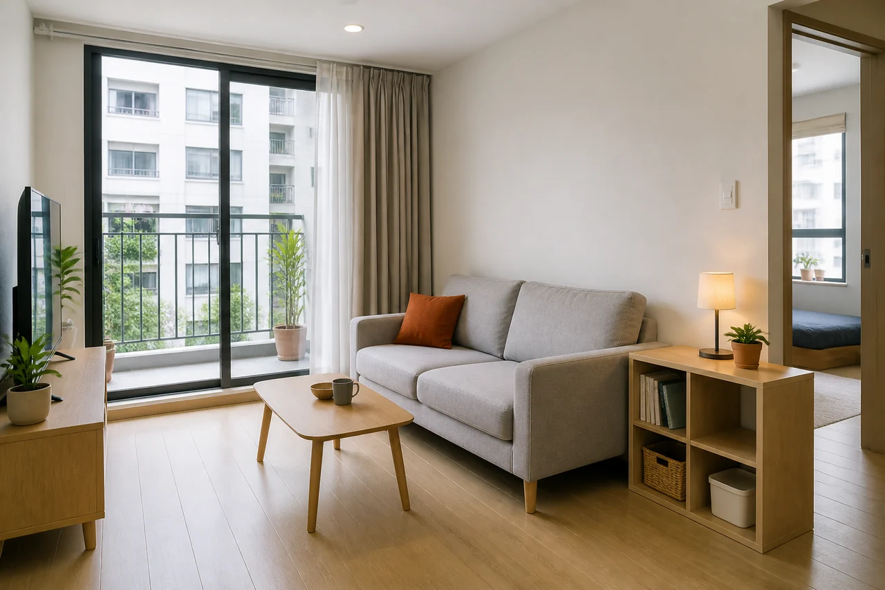 Phòng khách nhỏ với sofa gọn, kệ thấp và bàn nhỏ, cho thấy những món nên chốt trước để ở ổn ngay.