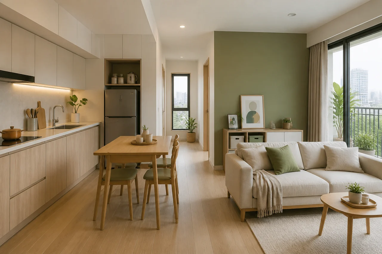 Không gian living-kitchen nhỏ nhưng thoáng với bàn ăn gọn, kệ thấp và lối di chuyển rõ ràng.