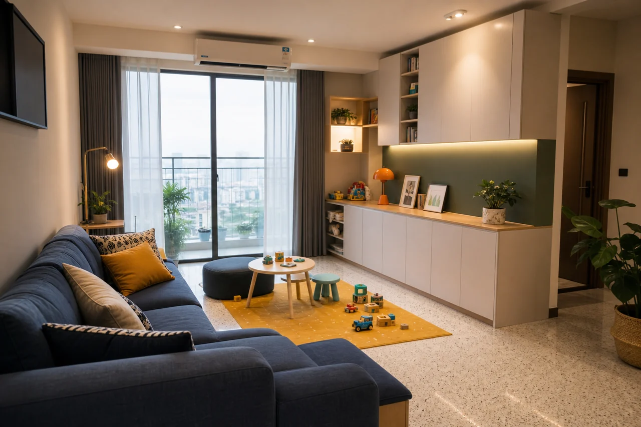 Phòng khách gia đình trẻ với sofa bo tròn, khu chơi nhỏ và lối đi rõ ràng