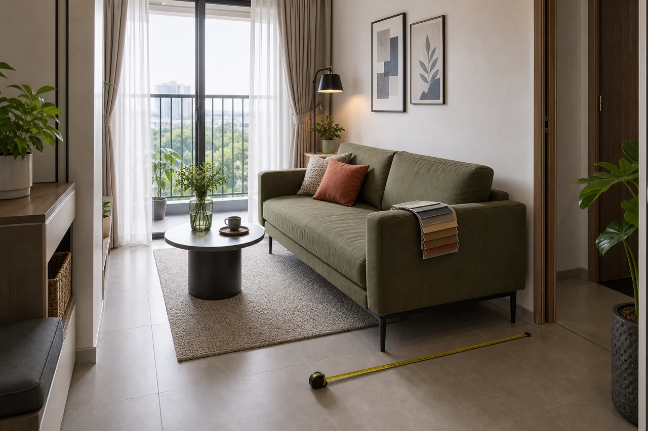 Sofa căn hộ được đặt đúng tỷ lệ với bàn trà, rèm và lối đi thoáng