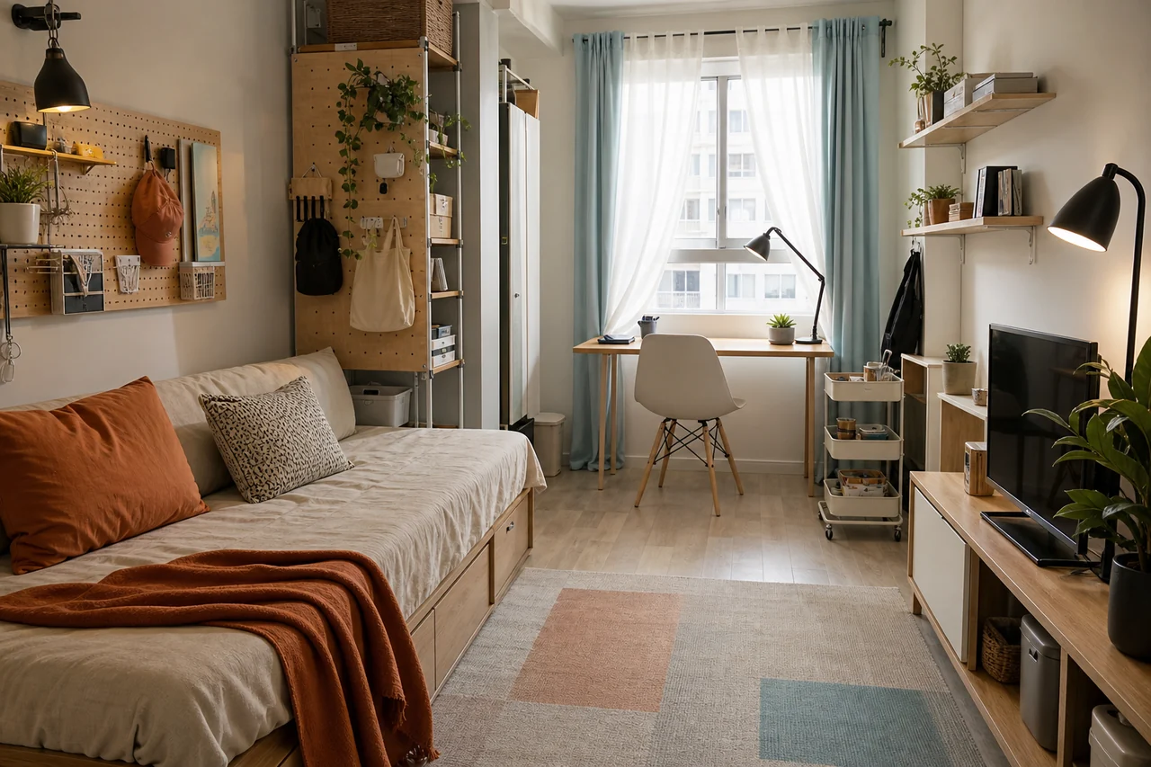 Căn hộ studio nhỏ với sofa gọn, bàn làm việc treo tường và tủ lưu trữ tiết kiệm diện tích