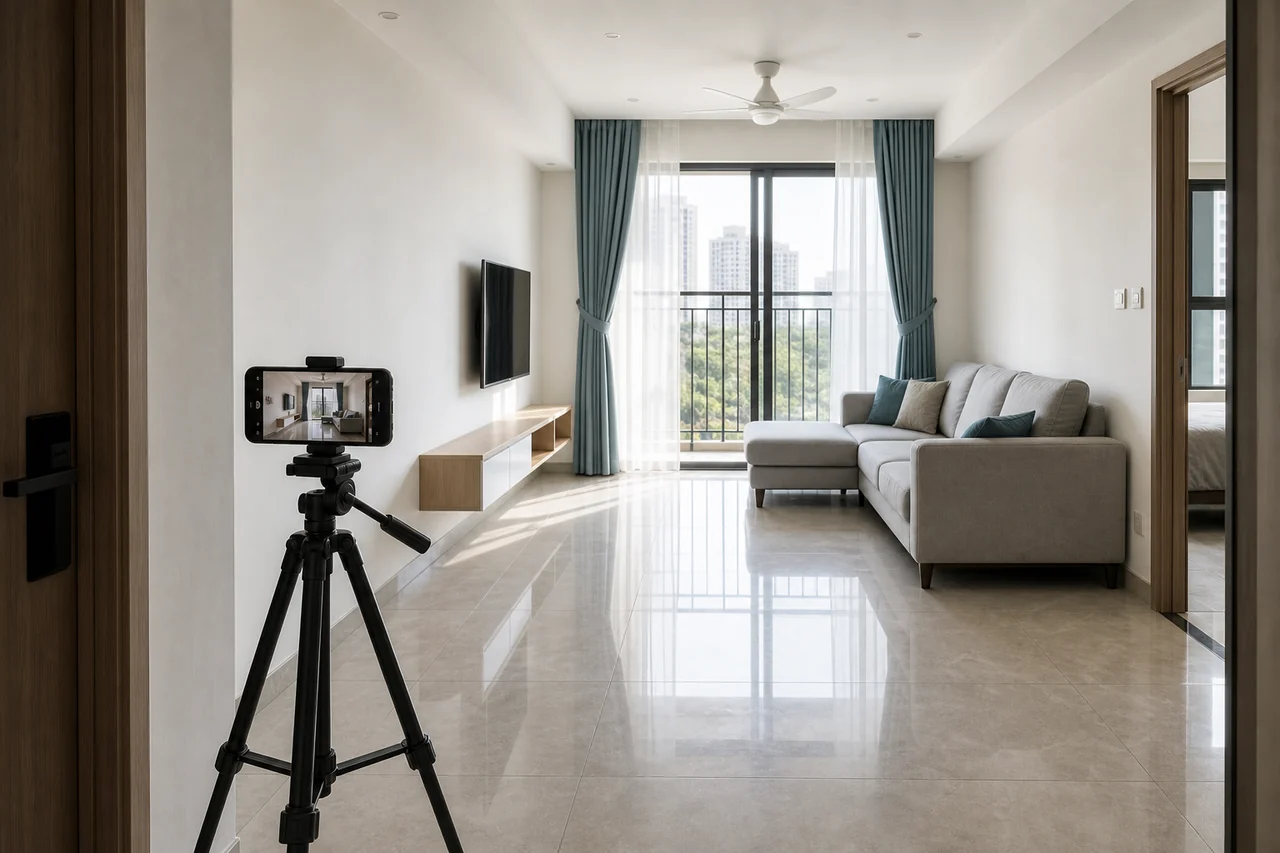 Ảnh phòng khách rõ ánh sáng, sàn và tường để dùng làm đầu vào DreamDeco