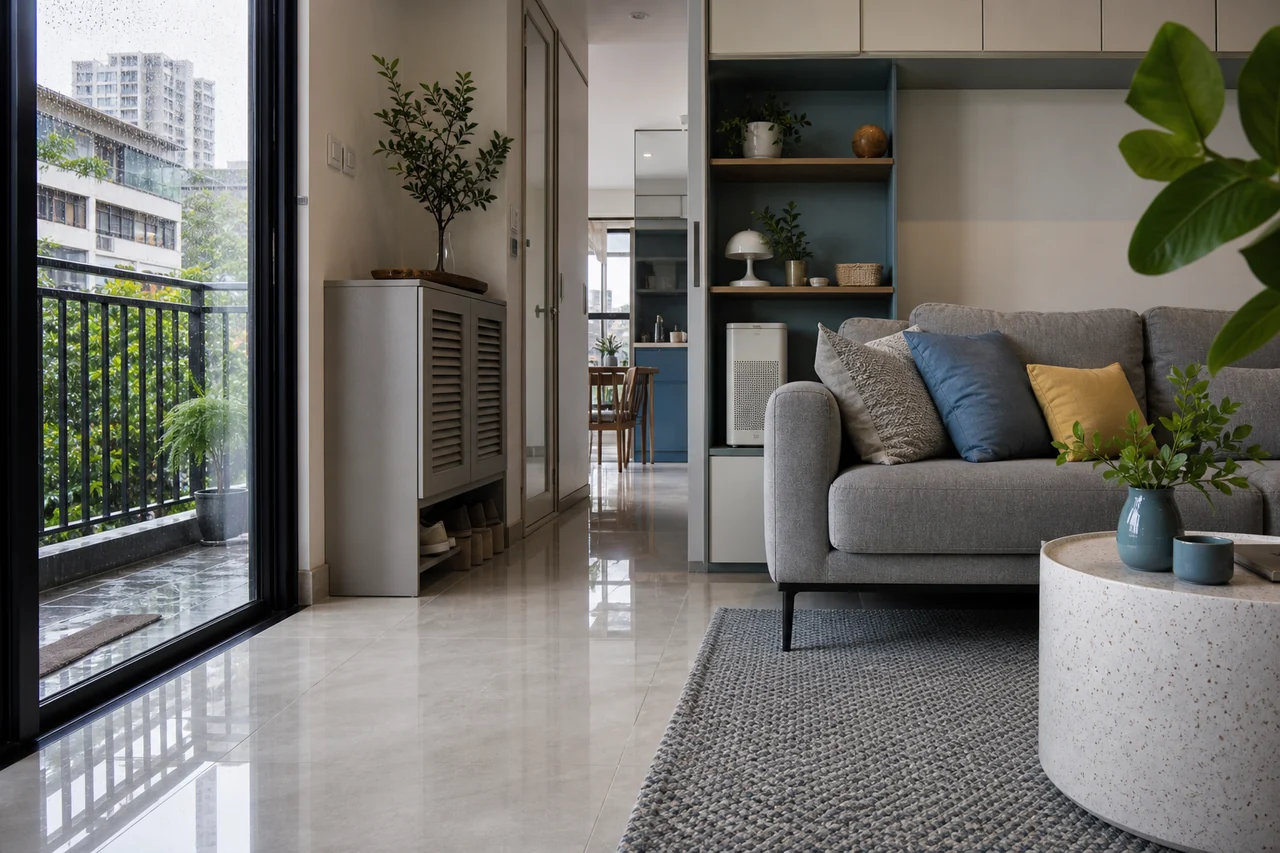 Góc phòng khách căn hộ Việt Nam với sofa chân cao, tủ lưu trữ và vật liệu dễ vệ sinh