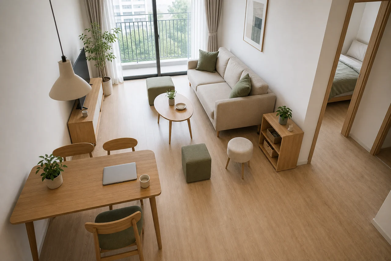 Góc nhìn từ trên cao cho thấy tỷ lệ sofa, bàn và lối đi trong một phòng khách nhỏ để dễ so sánh bố cục.