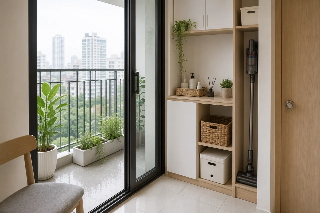 Ban công sáng cạnh tủ lưu trữ nhỏ, ít đồ và dễ lau dọn trước ngày vào ở.