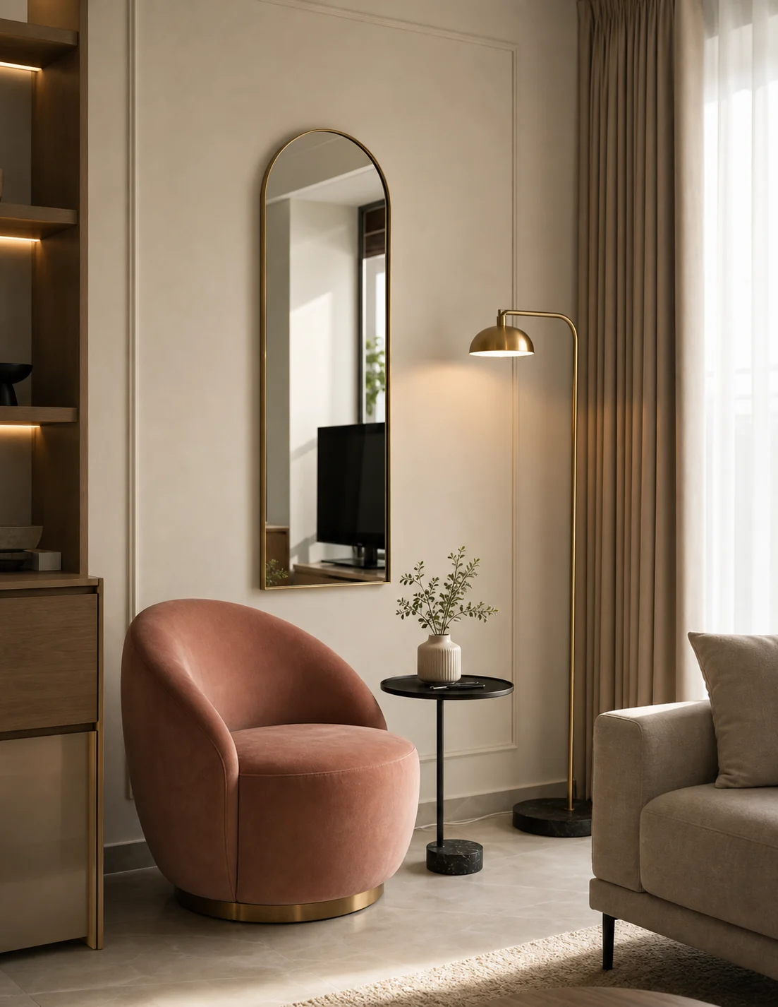 Căn hộ French modern nhẹ với tông kem, phào mảnh và ánh sáng mềm