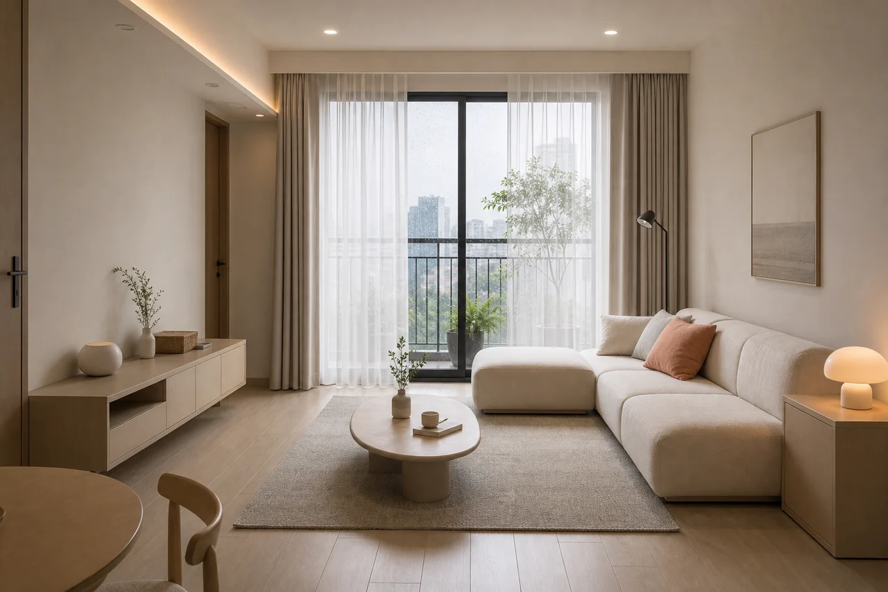 Phòng khách căn hộ phong cách K-minimal ấm với gỗ sáng và sofa thấp