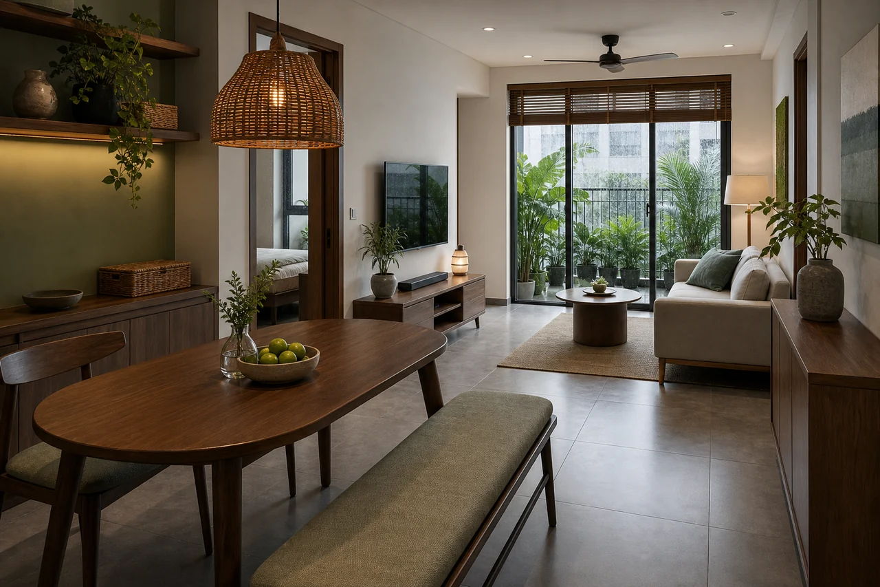 Căn hộ phong cách Japandi nhiệt đới với gỗ nhạt, cây xanh vừa phải và bố cục thoáng