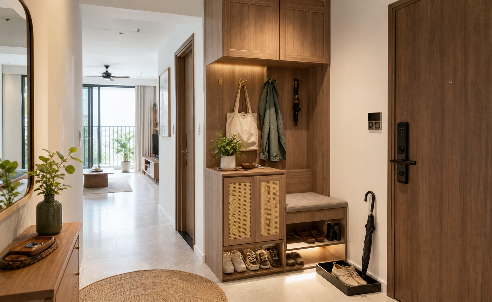 Thiết kế lối vào căn hộ nhỏ: tủ giày, ghế ngồi và góc để đồ không làm chật nhà