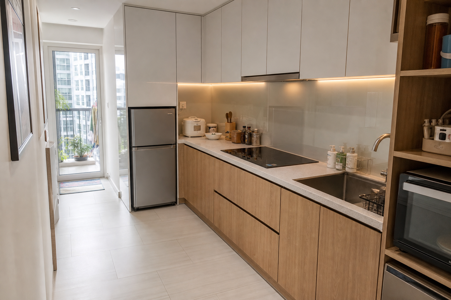 Bếp chung cư nhỏ 6m²: cách bố trí tủ, lối đi và ánh sáng để nấu không vướng