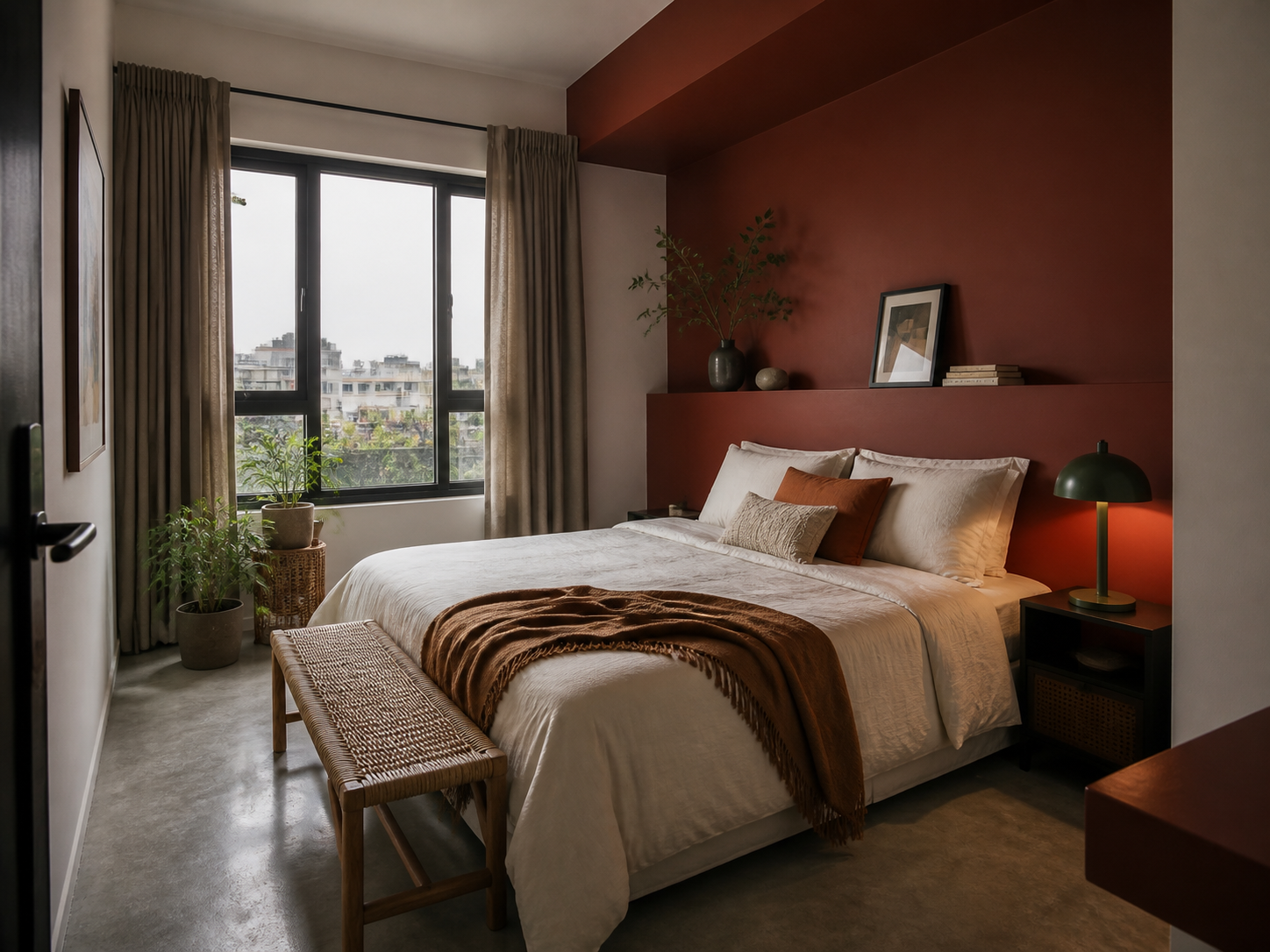 Phòng ngủ căn hộ Việt Nam với mảng tường terracotta ở đầu giường, rèm linen và đèn xanh đậm
