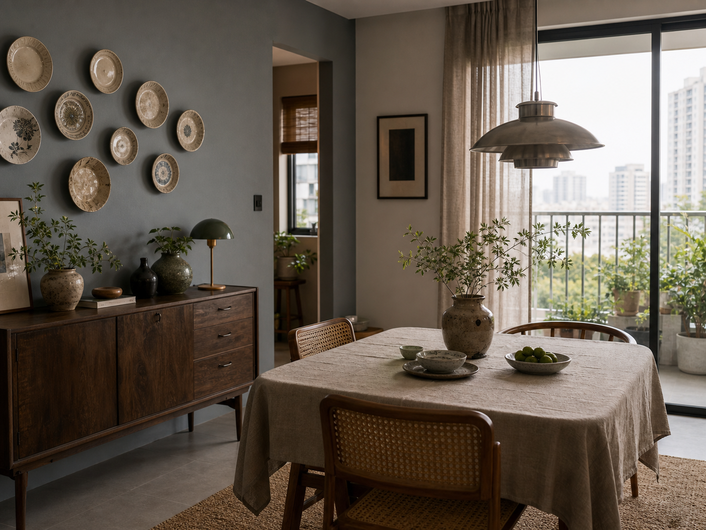 Góc ăn căn hộ với tủ sideboard gỗ tối, đĩa gốm thủ công, ghế mây và đèn treo kim loại