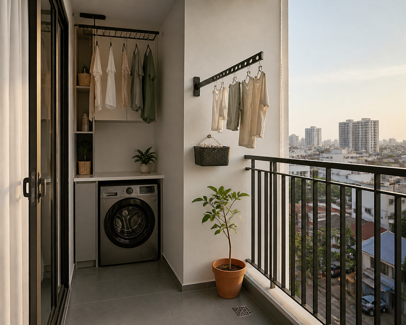 Khu giặt phơi gọn trên ban công hướng tây với giàn phơi gập và kệ đồ nhỏ