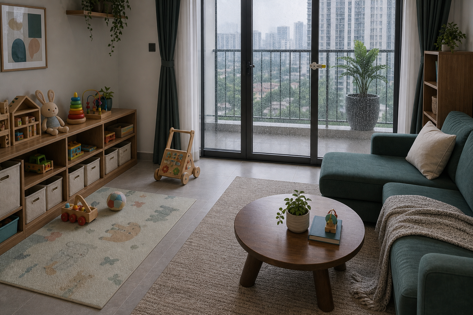 Phòng khách căn hộ gia đình có trẻ nhỏ với kệ đồ chơi thấp, thảm dễ giặt và cửa logia được kiểm soát