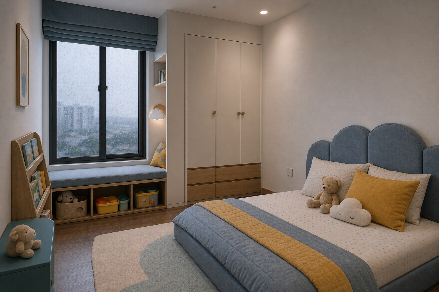 Phòng ngủ trẻ nhỏ trong căn hộ với giường thấp, tủ bám tường và góc đọc sách gọn