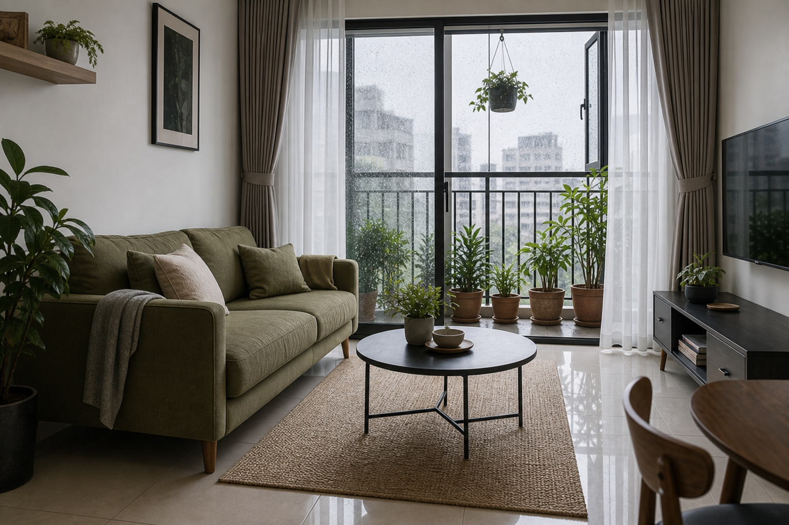Phòng khách căn hộ mùa mưa với sofa cách cửa logia, rèm mỏng và cây đặt ở vùng có gió