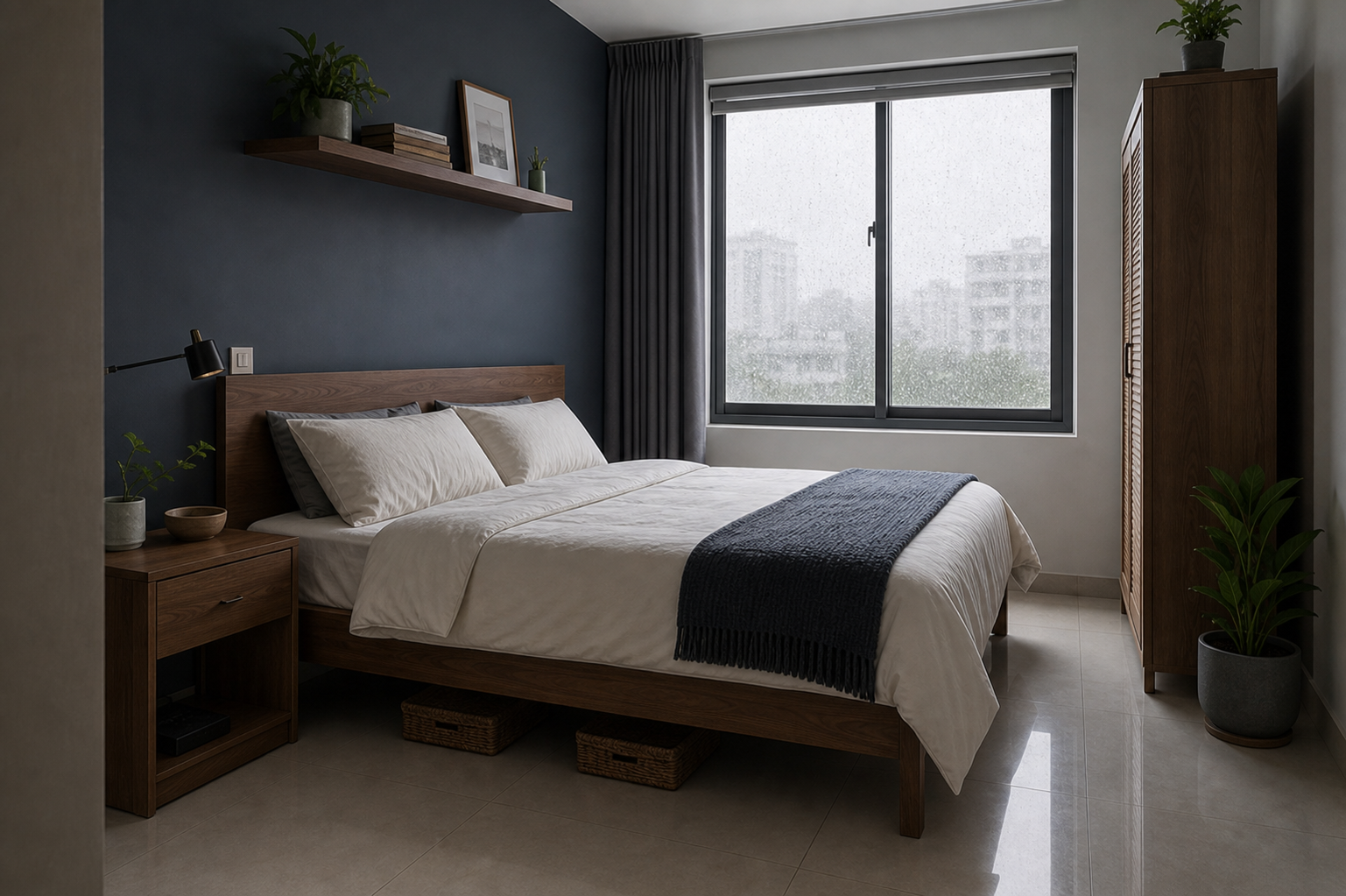 Phòng ngủ căn hộ nhỏ với giường có gầm thoáng, tủ áo cách tường ngoài và cửa sổ ngày mưa
