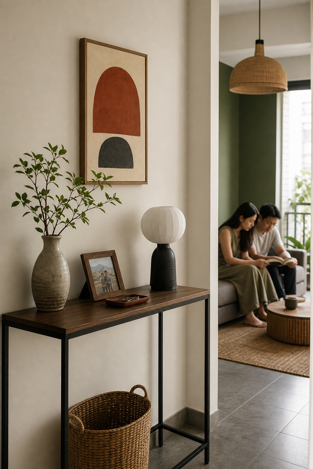 Kệ console nhỏ với bình gốm, ảnh gia đình, khay chìa khóa, đèn và giỏ mây trong căn hộ nhỏ