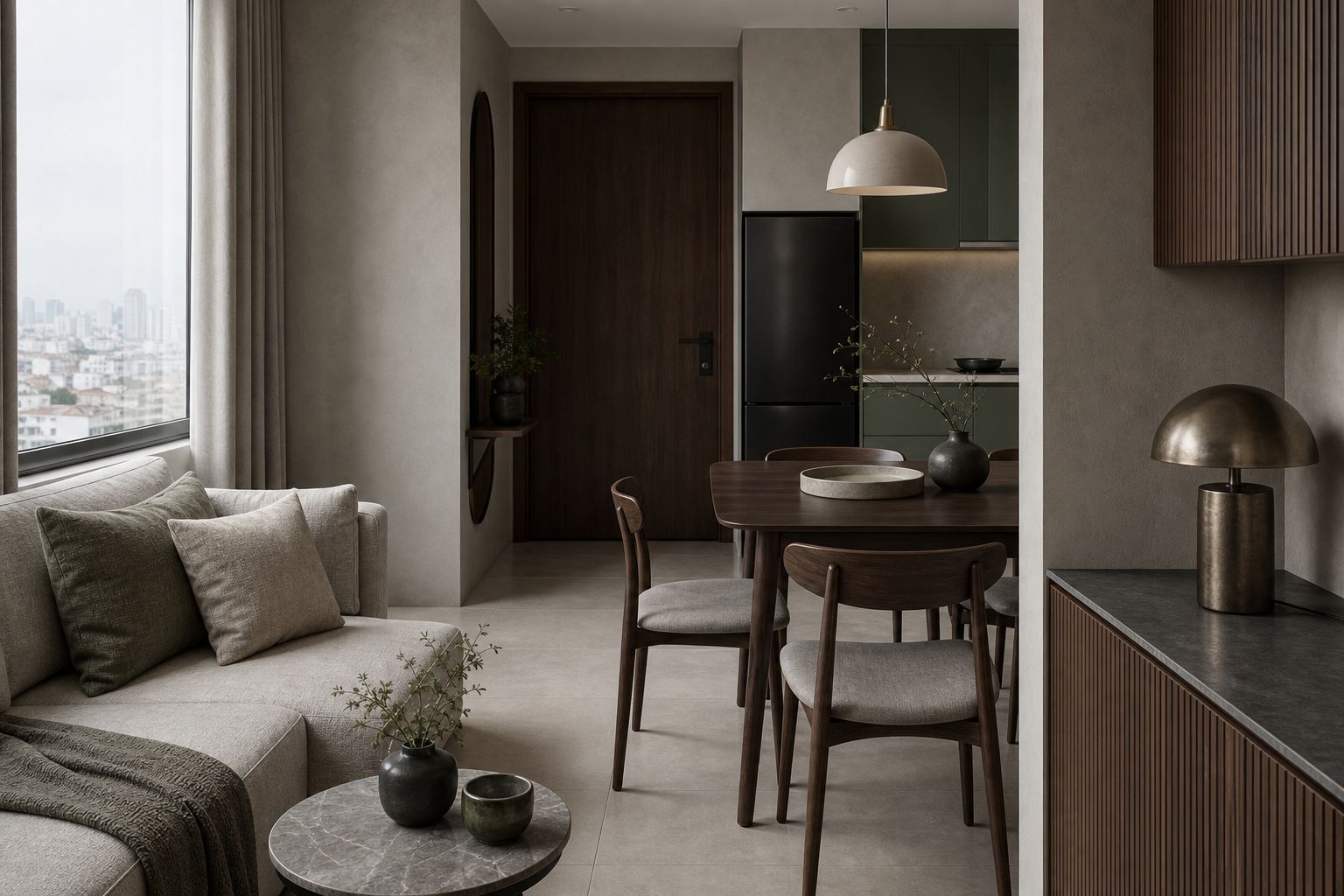 Góc căn hộ nhỏ với tường hiệu ứng xi măng, gỗ tối, vải linen và đồ gốm tạo lớp vật liệu