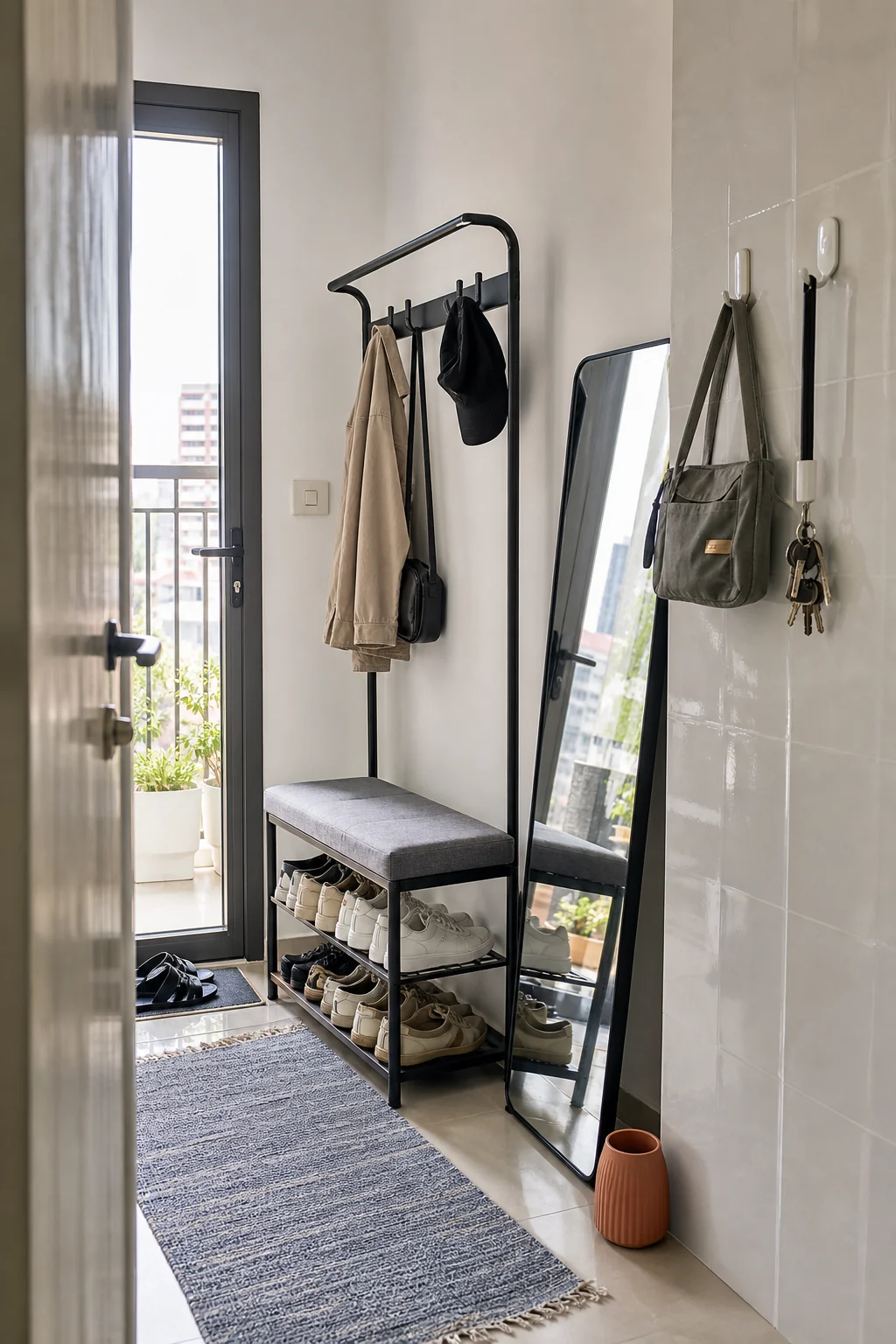 Khu cửa vào căn hộ thuê với giá treo độc lập, gương tựa tường và móc dán trên gạch