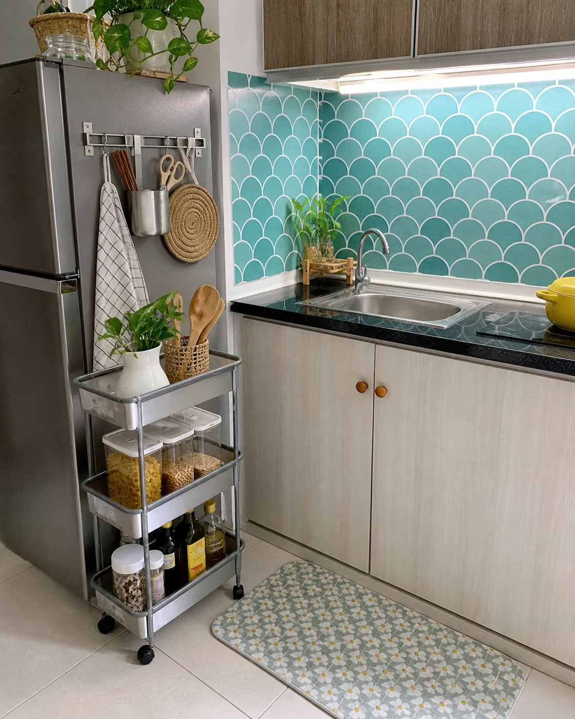 Góc bếp căn hộ thuê với decal bếp, xe đẩy rời và đèn dán dưới tủ