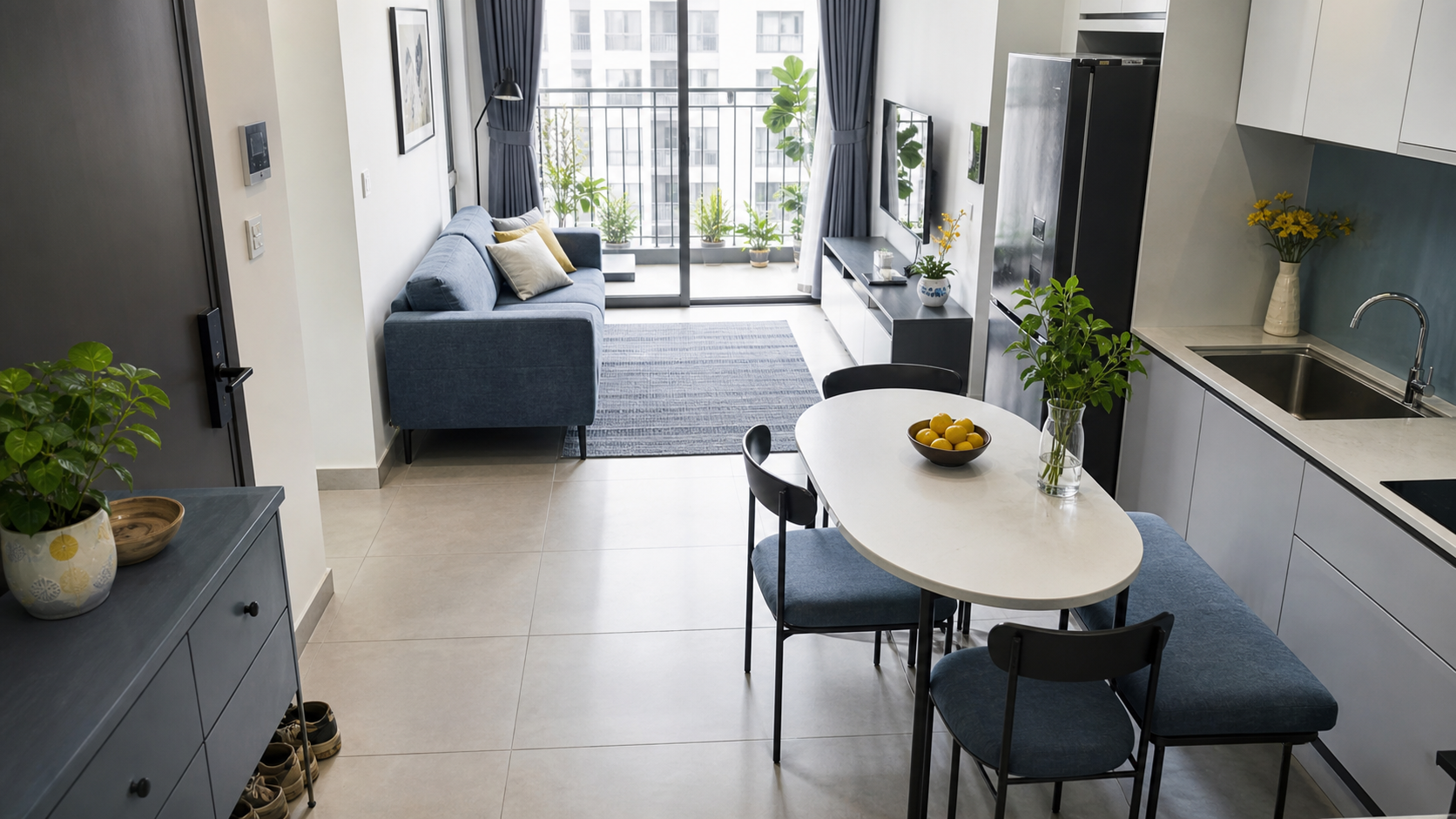 Căn hộ nhỏ Việt Nam với lối đi rõ giữa sofa, bàn ăn và bếp trước khi mua nội thất.