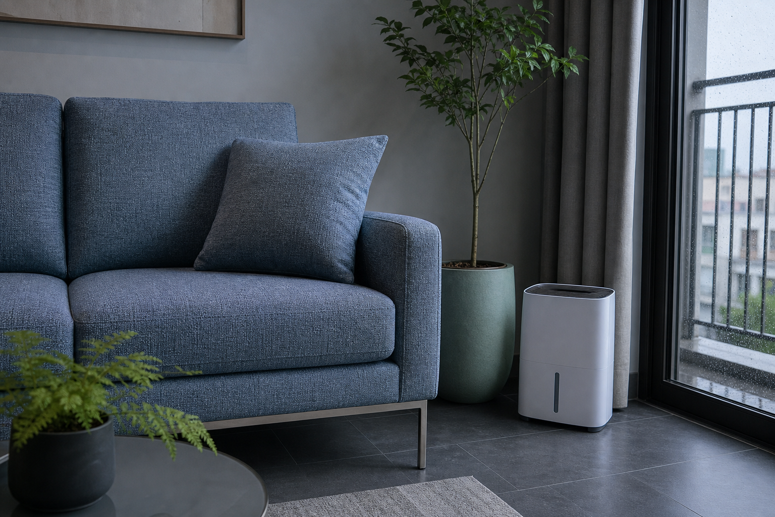 Sofa vải xanh xám cạnh ban công mưa với máy hút ẩm trong căn hộ nhỏ