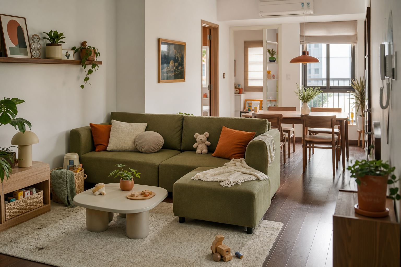 Sofa chữ L nhỏ màu xanh olive trong phòng khách căn hộ gia đình trẻ