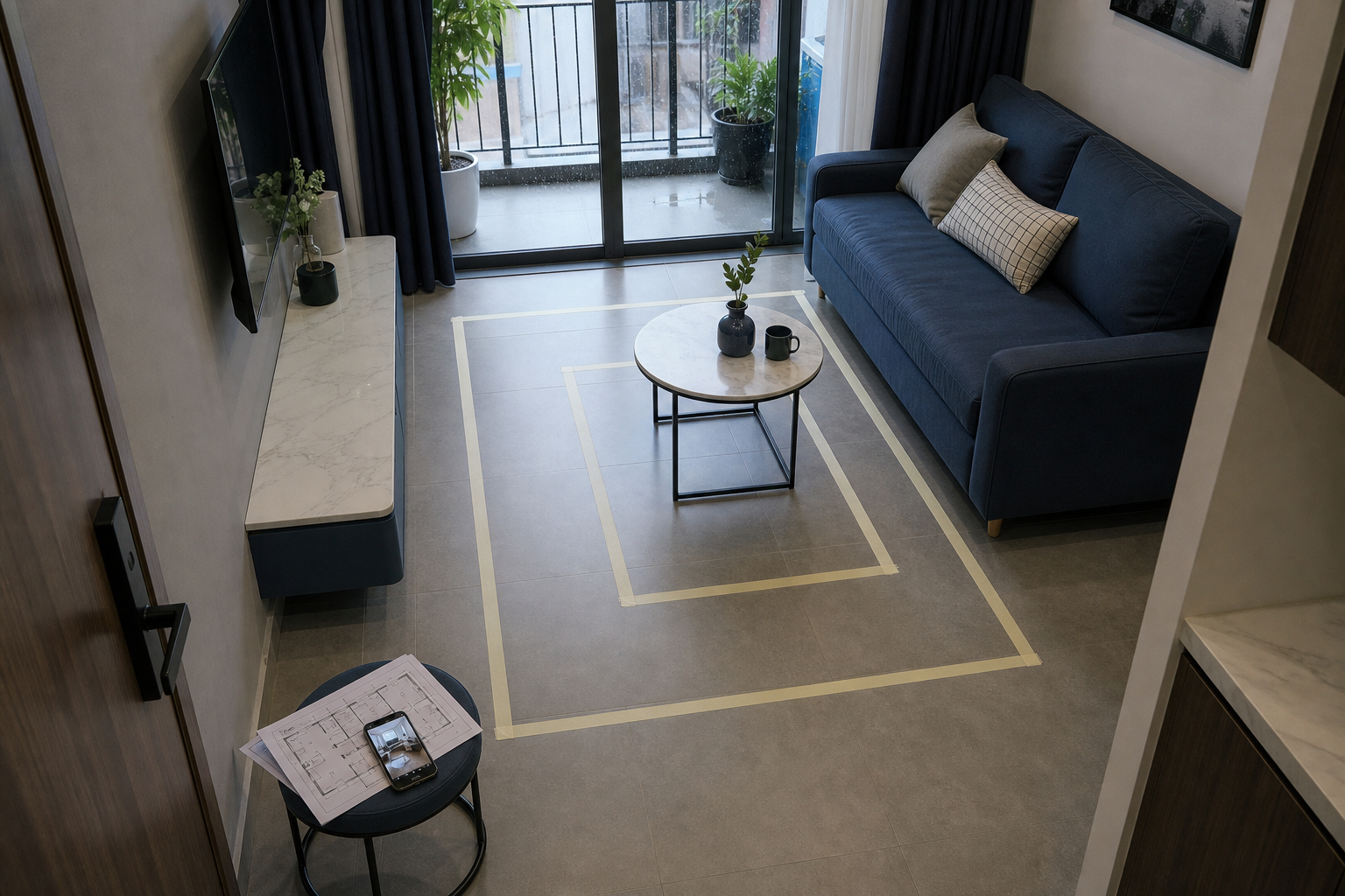 Dán băng giấy trên sàn để kiểm tra kích thước sofa và bàn trà trước khi mua