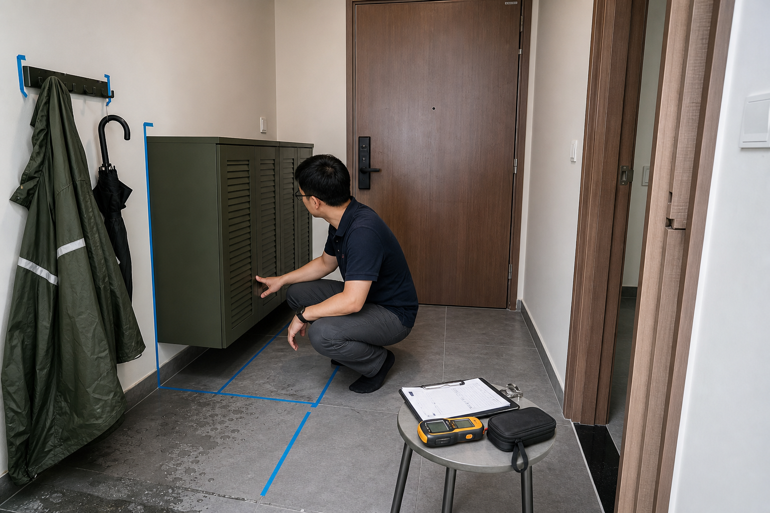 Khu cửa vào căn hộ mùa mưa với tủ giày cánh thoáng, áo mưa và checklist nhận nhà