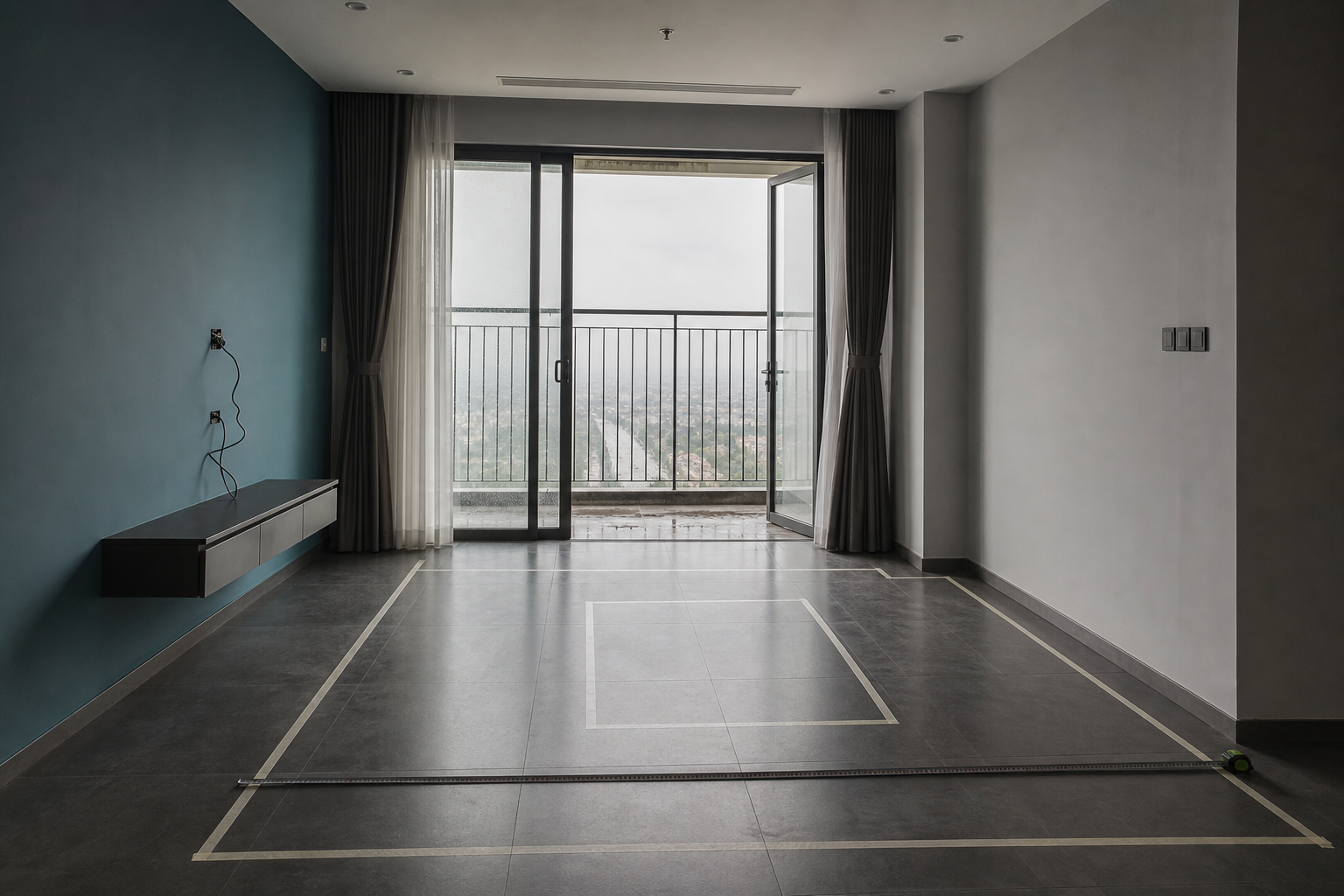 Phòng khách chung cư mới bàn giao với băng dán mô phỏng sofa và thước đo sát cửa logia