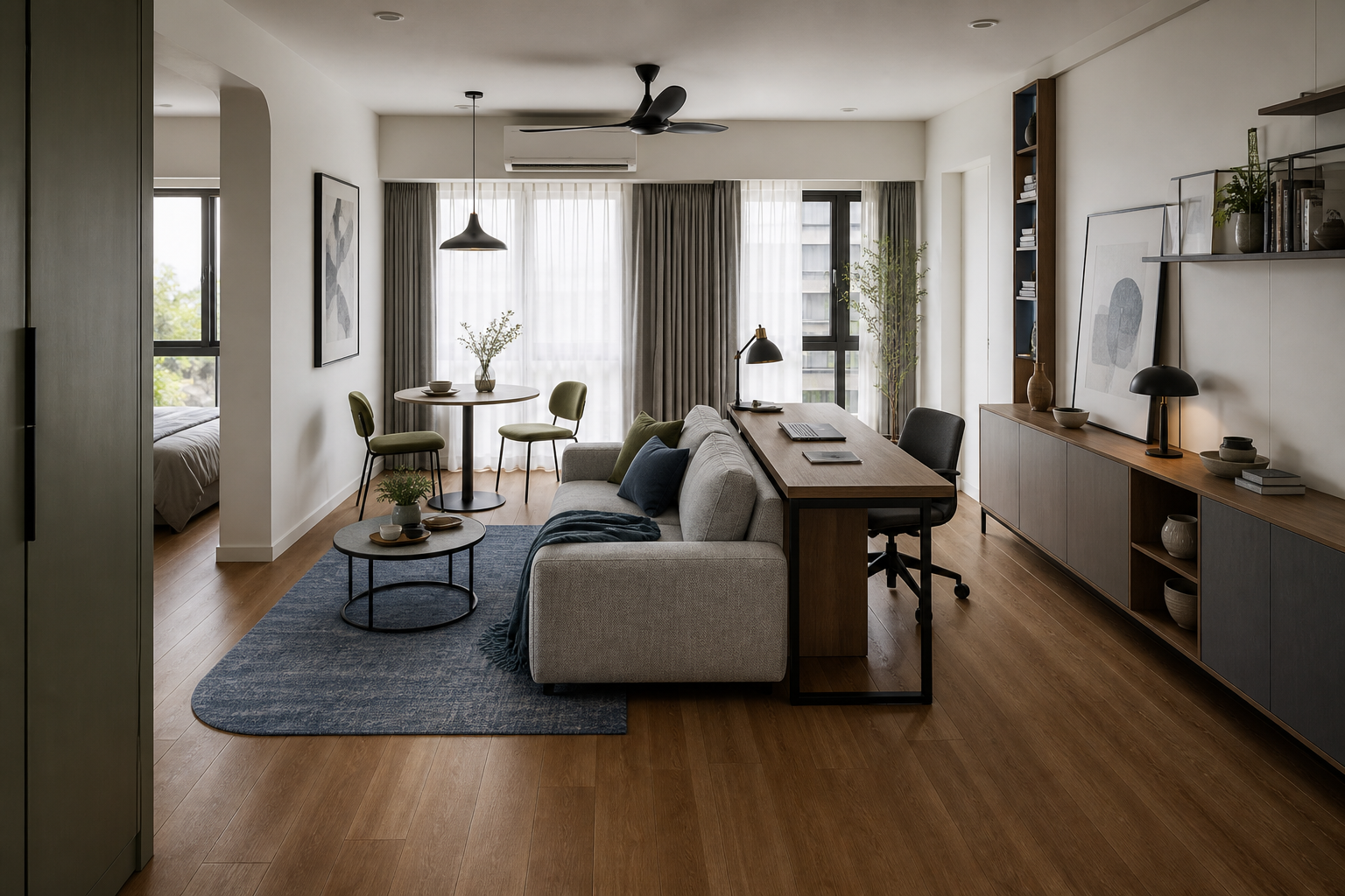 Phòng khách căn hộ nhỏ được chia khu bằng thảm xanh xám, bàn làm việc sau sofa, bàn ăn tròn và tủ thấp để giữ lối đi thoáng