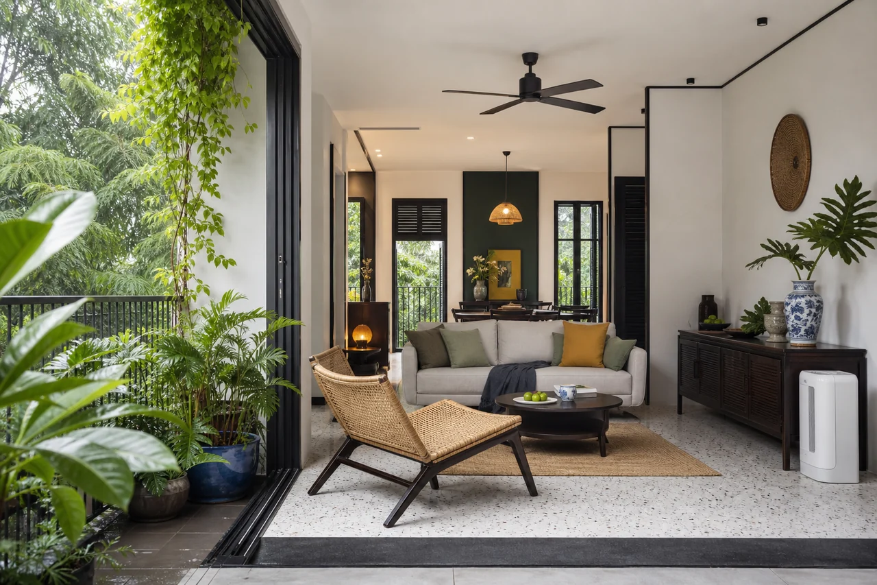 Phòng khách Indochine miền Nam sáng thoáng với ban công cây xanh, ghế mây, quạt trần và sàn dễ lau.