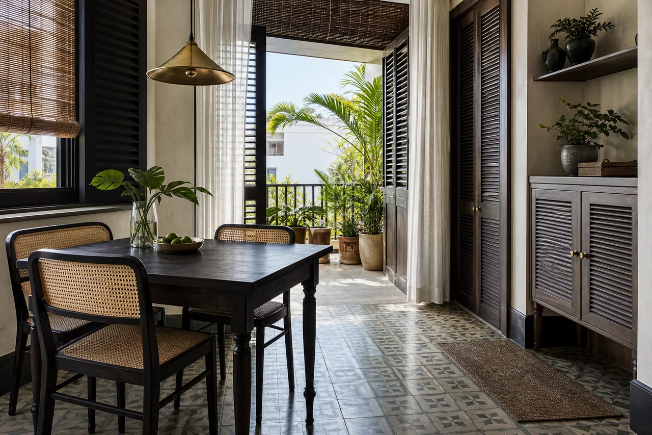 Góc ăn Indochine miền Trung với cửa chớp, mành tre, gạch bông và ban công nhiều cây chống nắng.