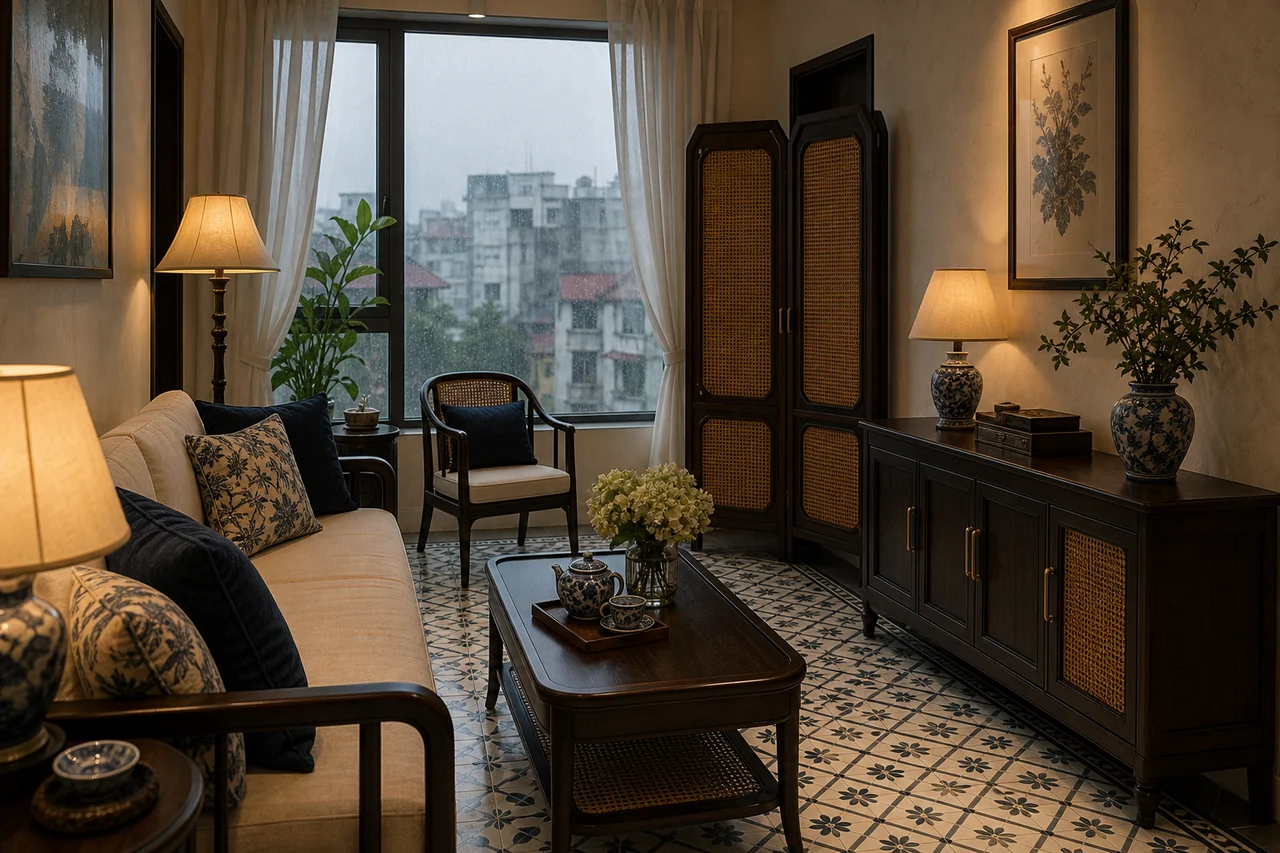 Phòng khách Indochine tại miền Bắc với gỗ tối, mây đan, đèn ấm và cửa kính trong ngày mưa ẩm.