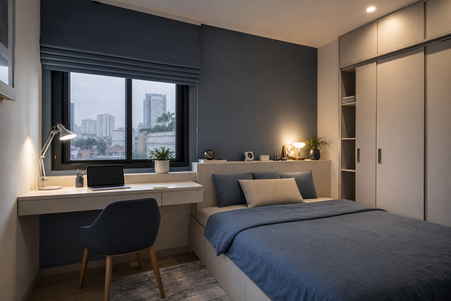 Phòng ngủ nhỏ trong căn hộ Việt Nam có bàn làm việc cạnh cửa sổ, tủ trượt và ánh sáng nhiều lớp.